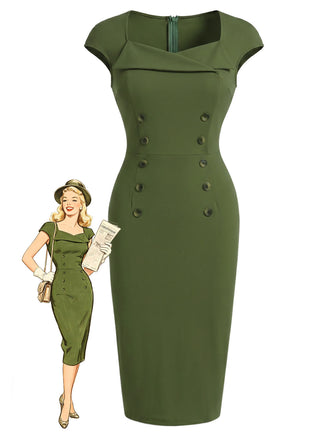 [Prevendita] Abito Verde Scollo a Cuore con Bottoni Tinta Unita Anni '60