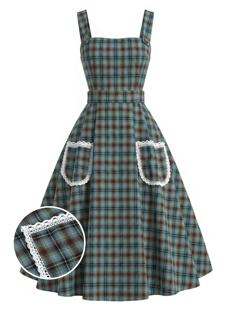 [Prevendita] Abito Verde Lago Anni '50 a Quadri in Pizzo con Tasca Grembiule