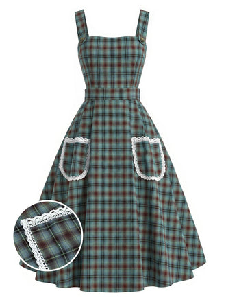 [Prevendita] Abito Verde Lago Anni '50 a Quadri in Pizzo con Tasca Grembiule