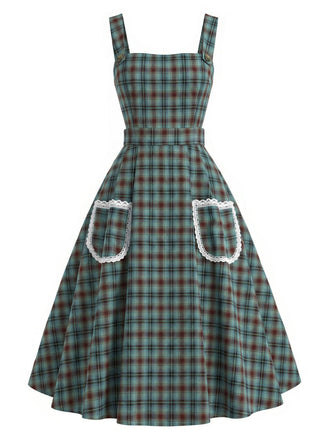 [Prevendita] Abito Verde Lago Anni '50 a Quadri in Pizzo con Tasca Grembiule 2