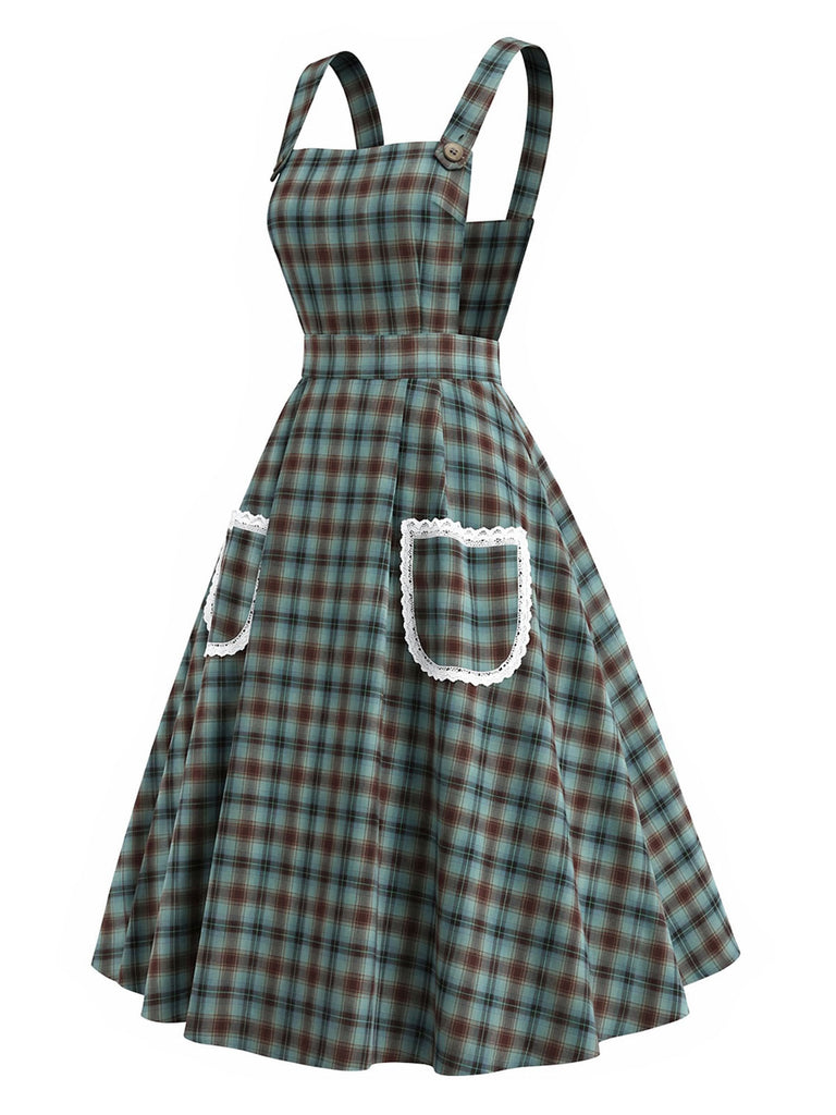 [Prevendita] 2PCS Abito Verde Lago Anni '50 a Quadri in Pizzo con Tasca Grembiule e Top Bianco 6