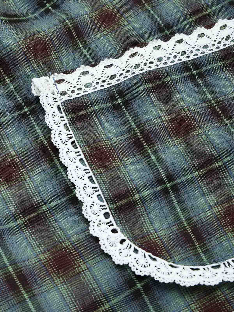 [Prevendita] 2PCS Abito Verde Lago Anni '50 a Quadri in Pizzo con Tasca Grembiule e Top Bianco 9