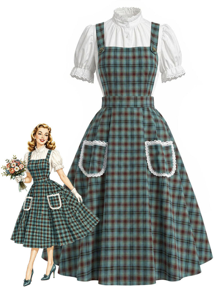 [Prevendita] 2PCS Abito Verde Lago Anni '50 a Quadri in Pizzo con Tasca Grembiule e Top Bianco