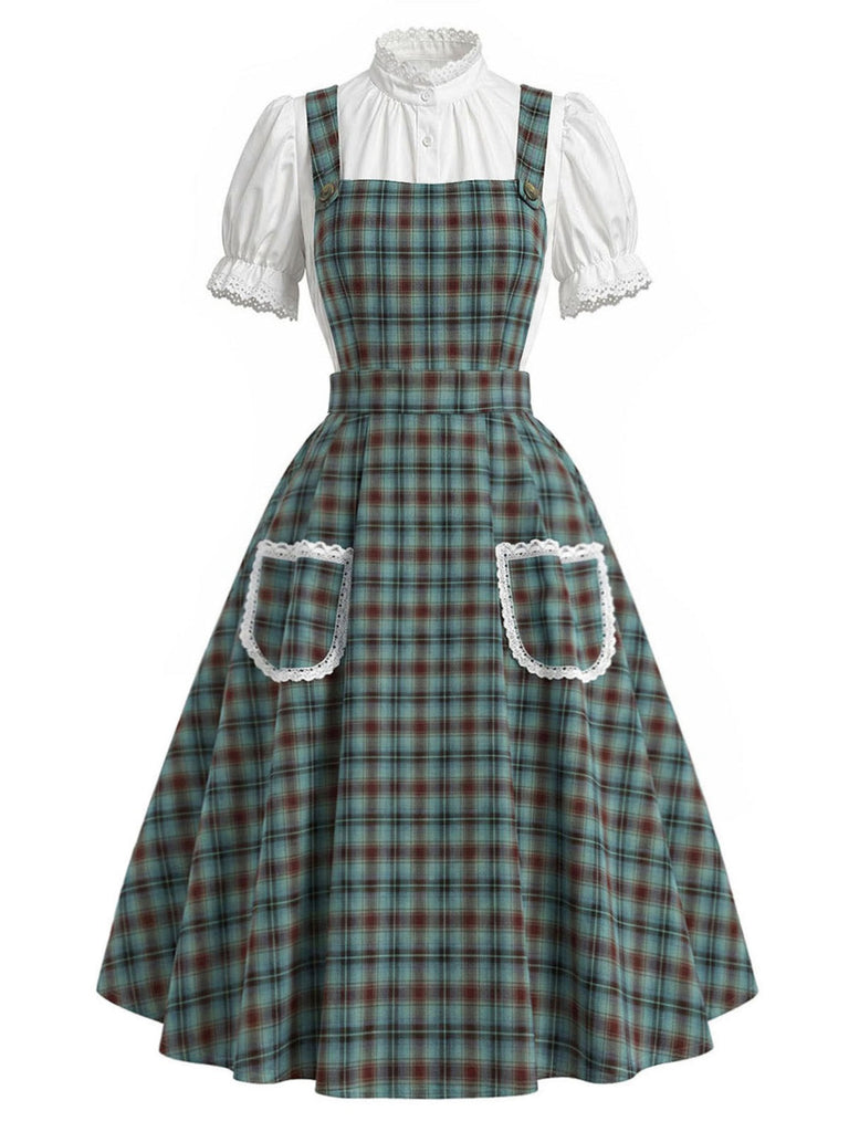 [Prevendita] 2PCS Abito Verde Lago Anni '50 a Quadri in Pizzo con Tasca Grembiule e Top Bianco 2