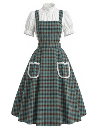 [Prevendita] 2PCS Abito Verde Lago Anni '50 a Quadri in Pizzo con Tasca Grembiule e Top Bianco 2