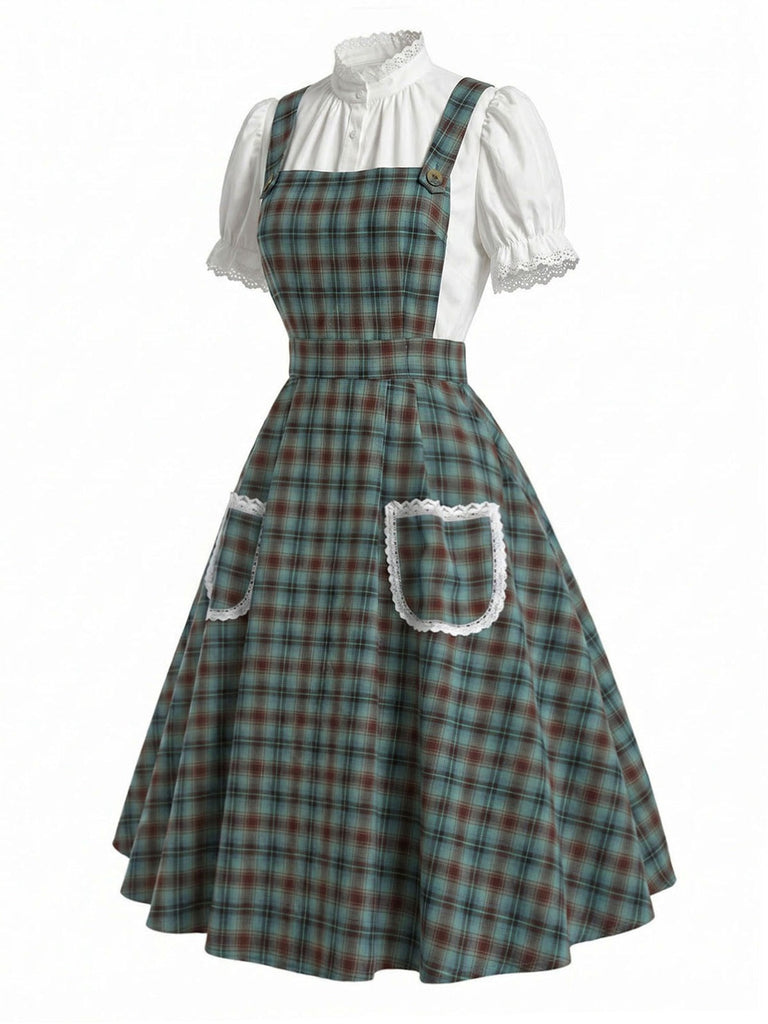 [Prevendita] 2PCS Abito Verde Lago Anni '50 a Quadri in Pizzo con Tasca Grembiule e Top Bianco 3