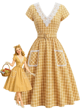 [Prevendita] Abito con Scollo a V a Quadri con Bordo in Pizzo Tasca e Cintura Anni '40