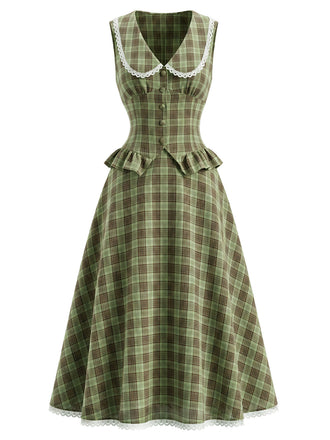 [Prevendita] 2PCS Set Verde Lago con Colletto Peter Pan a Quadri e Gonna con Ruches Anni '40 2