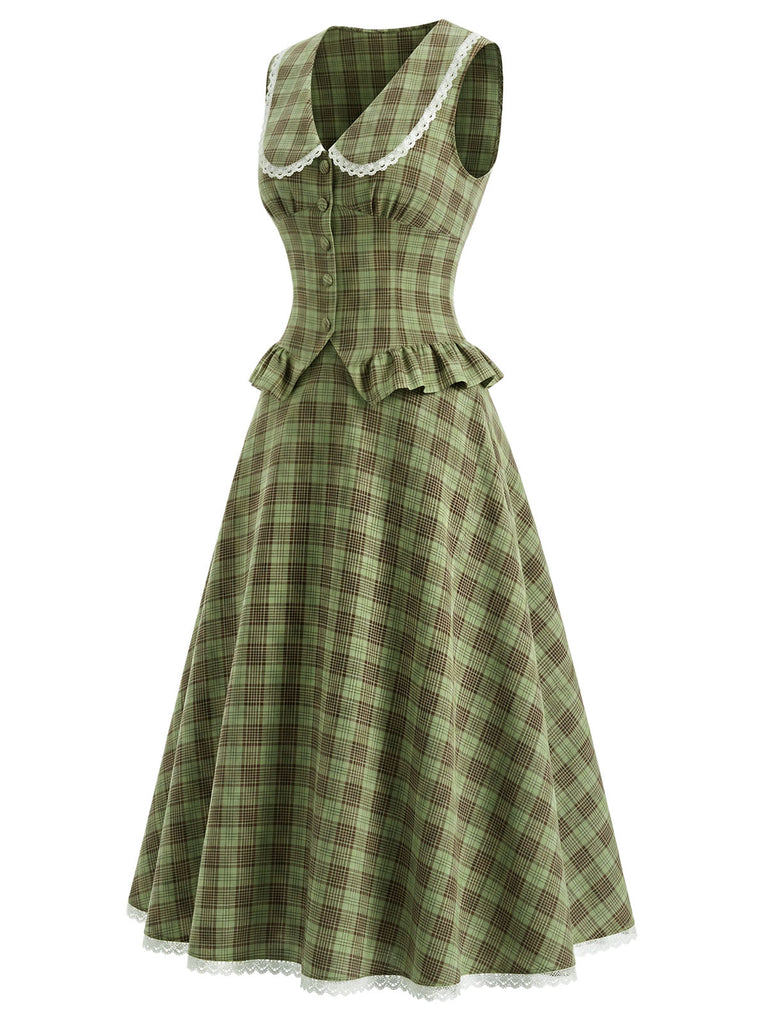 [Prevendita] 2PCS Set Verde Lago con Colletto Peter Pan a Quadri e Gonna con Ruches Anni '40 3