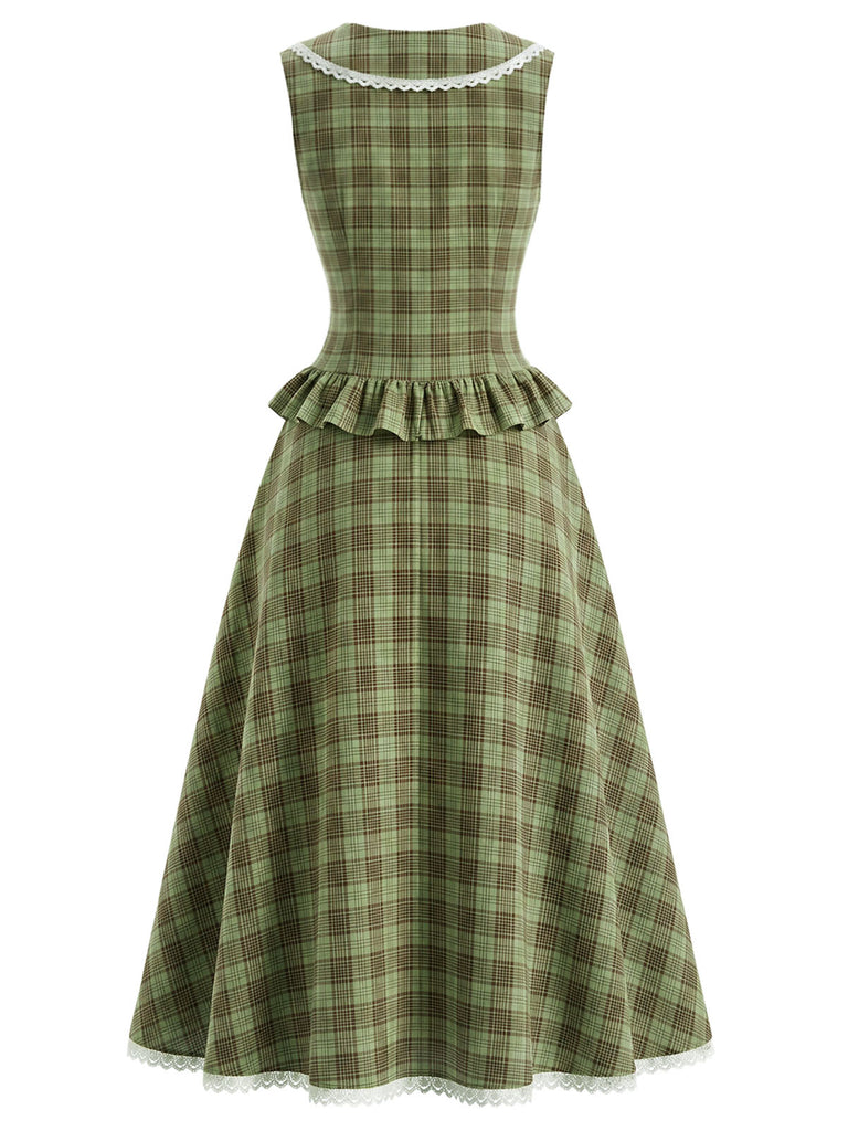 [Prevendita] 2PCS Set Verde Lago con Colletto Peter Pan a Quadri e Gonna con Ruches Anni '40 4