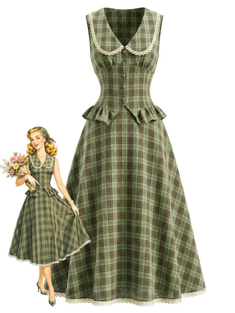 2PCS Top Verde Anni '40 a Quadri con Colletto Peter Pan e Gonna