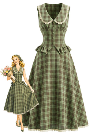2PCS Top Verde Anni '40 a Quadri con Colletto Peter Pan e Gonna