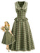 2PCS Top Verde Anni '40 a Quadri con Colletto Peter Pan e Gonna
