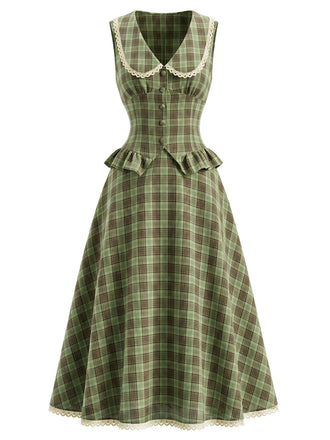 2PCS Top Verde Anni '40 a Quadri con Colletto Peter Pan e Gonna