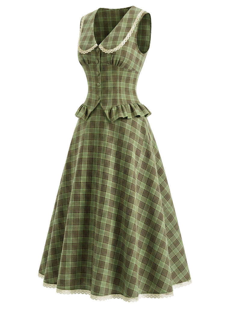 2PCS Top Verde Anni '40 a Quadri con Colletto Peter Pan e Gonna