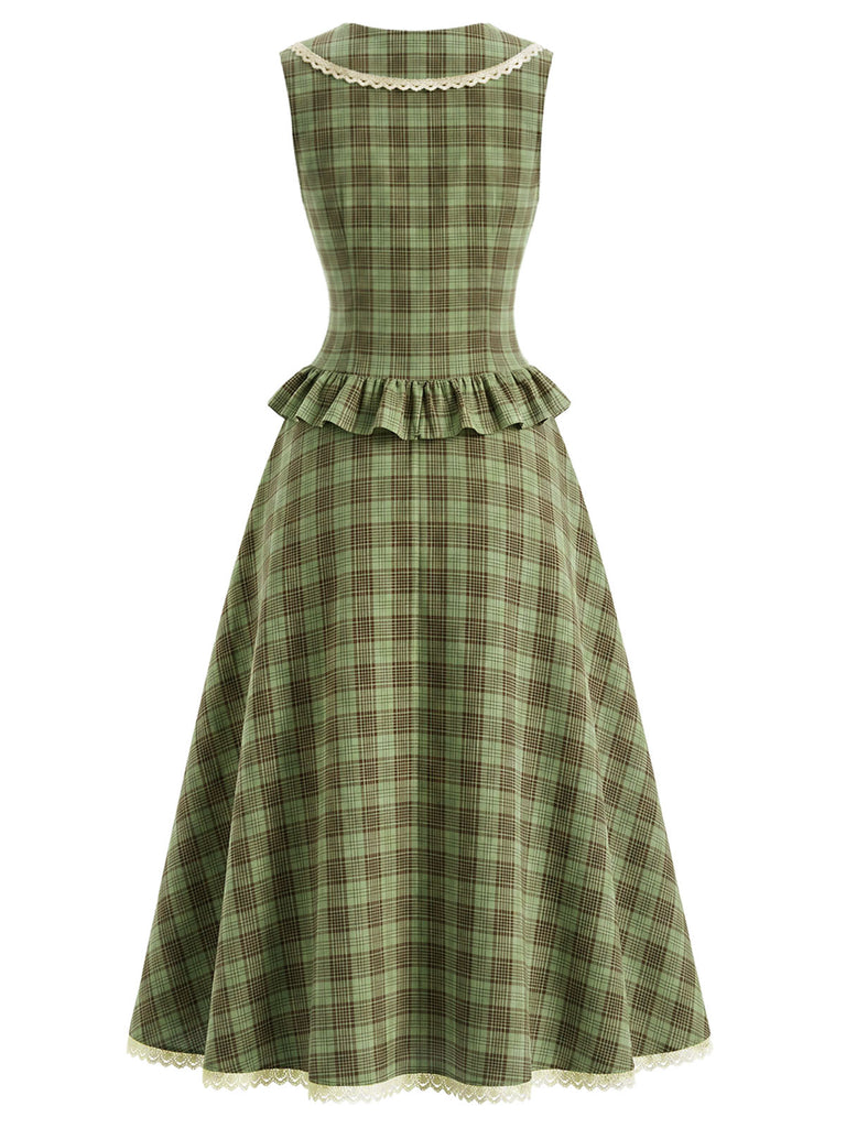 2PCS Top Verde Anni '40 a Quadri con Colletto Peter Pan e Gonna