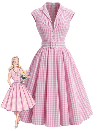 [Prevendita] Abito Svasato Rosa a Quadretti Scollo a V con Bavero e Cintura Anni '40