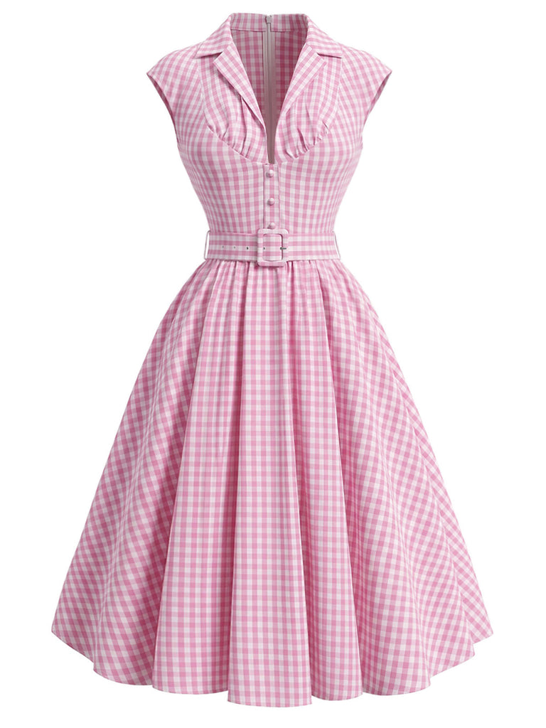 [Prevendita] Abito Svasato Rosa a Quadretti Scollo a V con Bavero e Cintura Anni '40 2