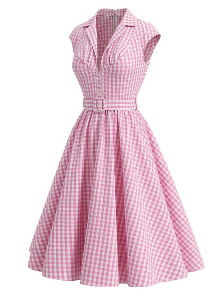 [Prevendita] Abito Svasato Rosa a Quadretti Scollo a V con Bavero e Cintura Anni '40 3
