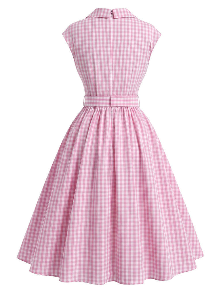 [Prevendita] Abito Svasato Rosa a Quadretti Scollo a V con Bavero e Cintura Anni '40 4