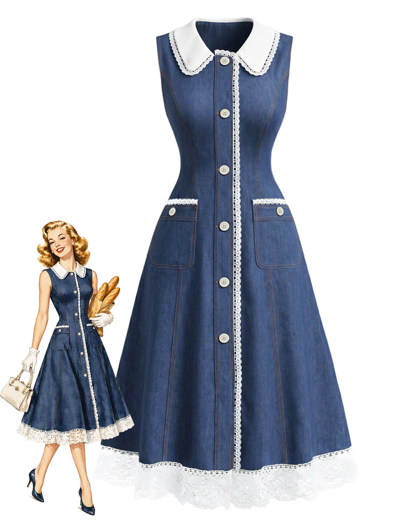 [Prevendita] Abito Blu in Denim con Pizzo Patchwork e Colletto Chelsea Anni '60