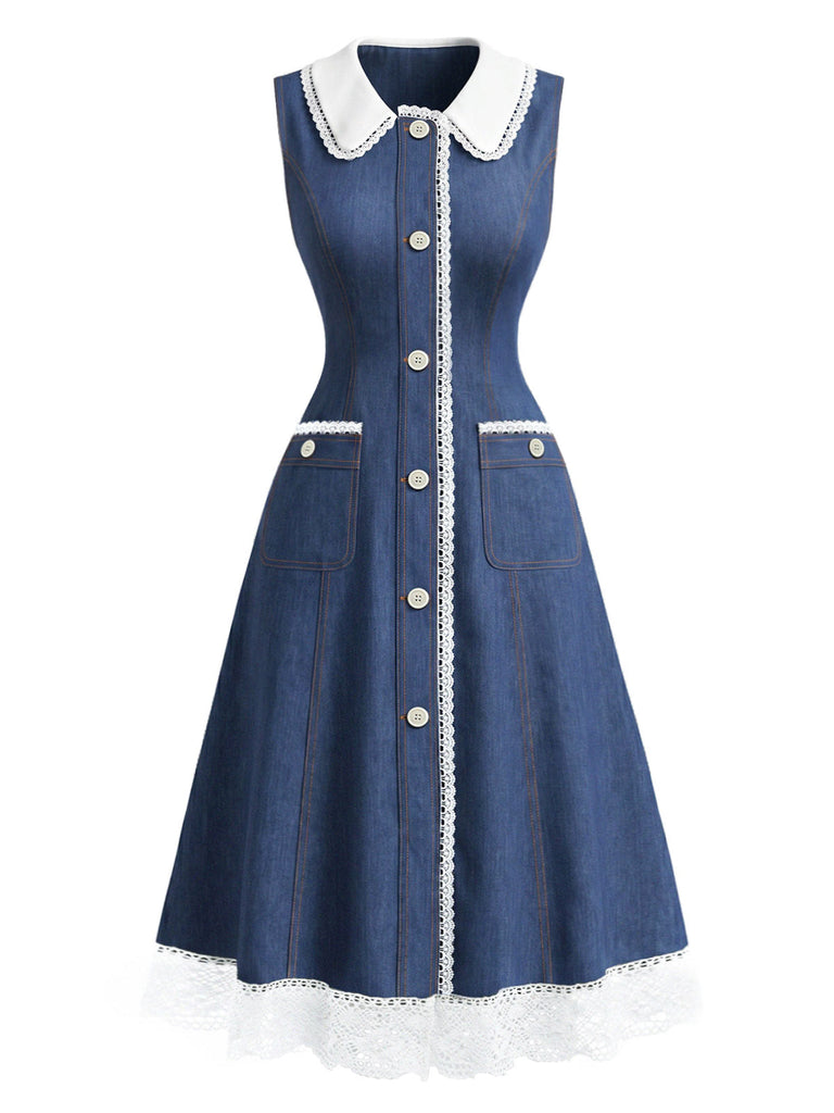 [Prevendita] Abito Blu in Denim con Pizzo Patchwork e Colletto Chelsea Anni '60 2