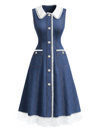 [Prevendita] Abito Blu in Denim con Pizzo Patchwork e Colletto Chelsea Anni '60 2