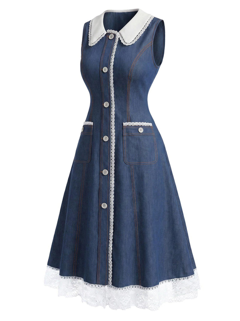 [Prevendita] Abito Blu in Denim con Pizzo Patchwork e Colletto Chelsea Anni '60 3