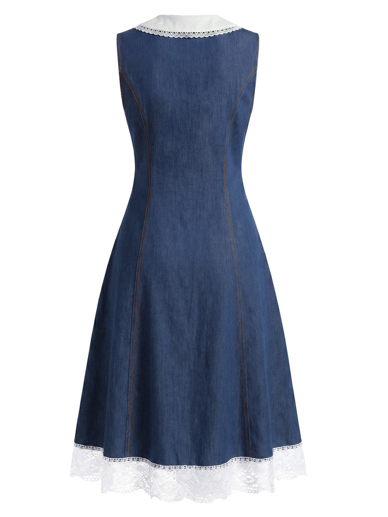 [Prevendita] Abito Blu in Denim con Pizzo Patchwork e Colletto Chelsea Anni '60 4