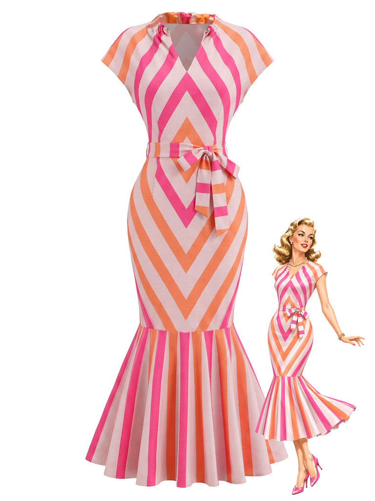 [Prevendita] Abito Midi Rosa Aranciato Anni '60 Chevron a Righe Mermaid