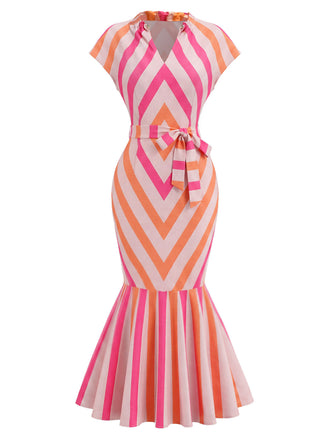 [Prevendita] Abito Midi Rosa Aranciato Anni '60 Chevron a Righe Mermaid 2