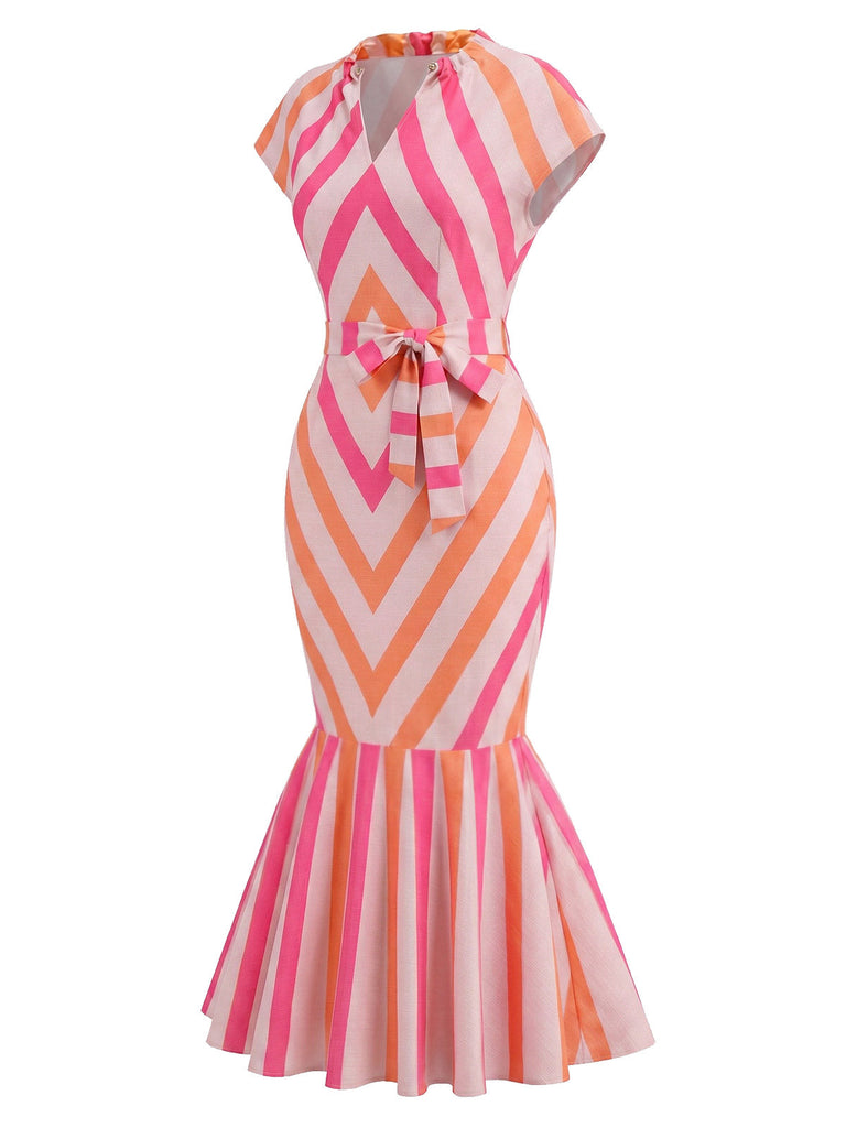 [Prevendita] Abito Midi Rosa Aranciato Anni '60 Chevron a Righe Mermaid 3