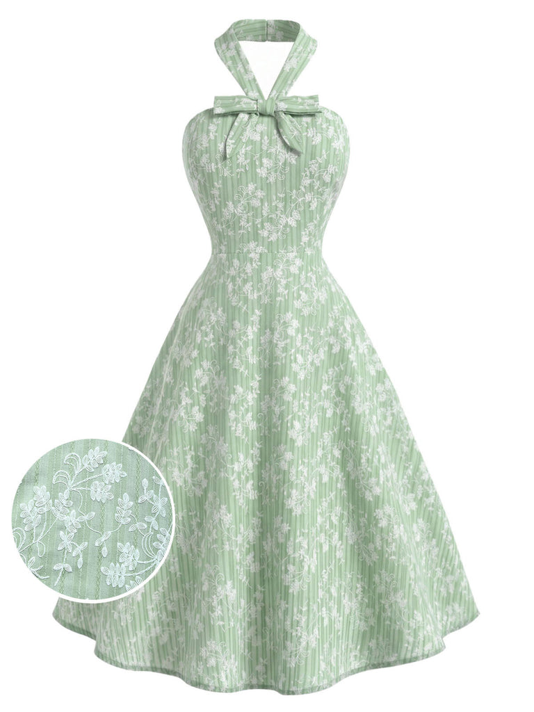 [Prevendita] Abito Svasato Verde Menta Floreale in Cotone Halter con Fiocco Anni '40