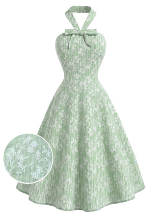 [Prevendita] Abito Svasato Verde Menta Floreale in Cotone Halter con Fiocco Anni '40