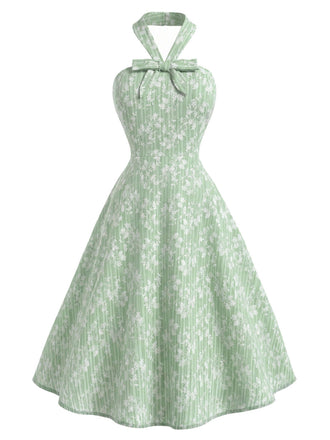 [Prevendita] Abito Svasato Verde Menta Floreale in Cotone Halter con Fiocco Anni '40 2