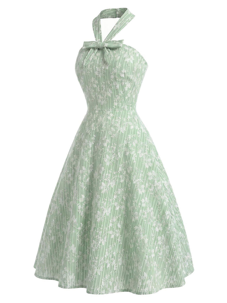 [Prevendita] Abito Svasato Verde Menta Floreale in Cotone Halter con Fiocco Anni '40 3