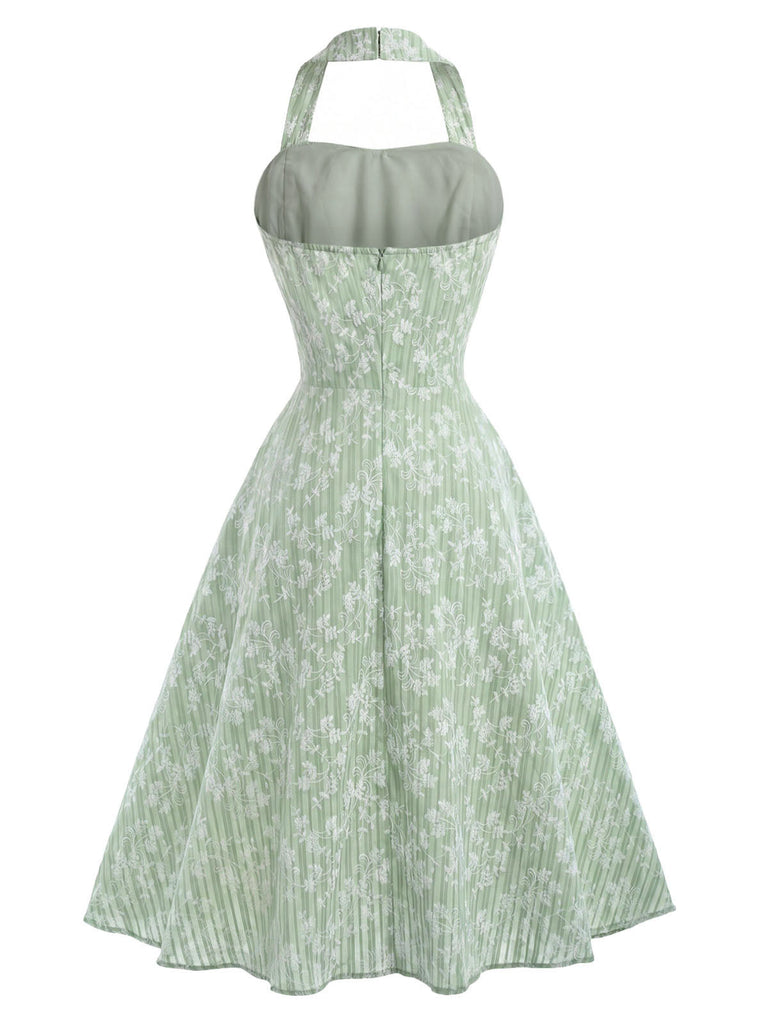 [Prevendita] Abito Svasato Verde Menta Floreale in Cotone Halter con Fiocco Anni '40 4