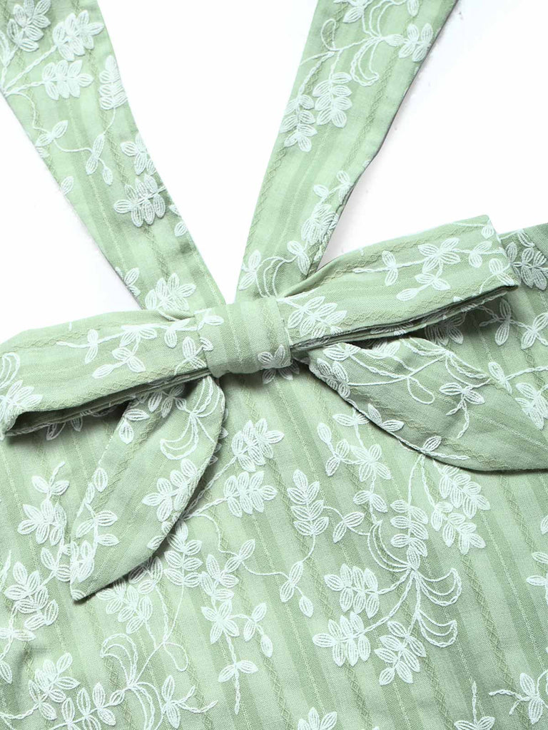 [Prevendita] Abito Svasato Verde Menta Floreale in Cotone Halter con Fiocco Anni '40 5