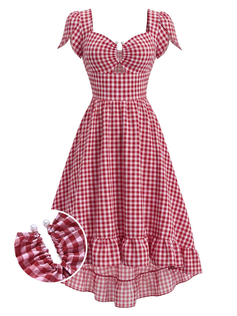 [Prevendita] Abito Rosso Vichy Maniche Tulipano Orlo Asimmetrico a Volant Anni '40