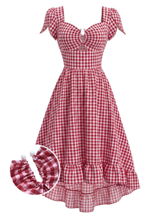 [Prevendita] Abito Rosso Vichy Maniche Tulipano Orlo Asimmetrico a Volant Anni '40