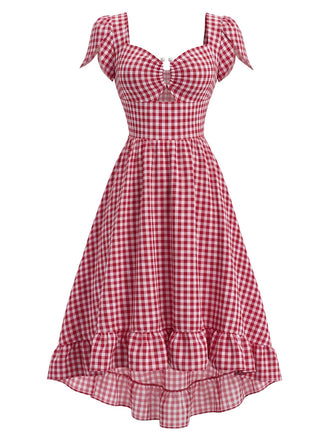 [Prevendita] Abito Rosso Vichy Maniche Tulipano Orlo Asimmetrico a Volant Anni '40 2