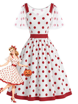 [Prevendita] Abito Red Bianco Anni '50 a Pois con Detachable in Rete Cape
