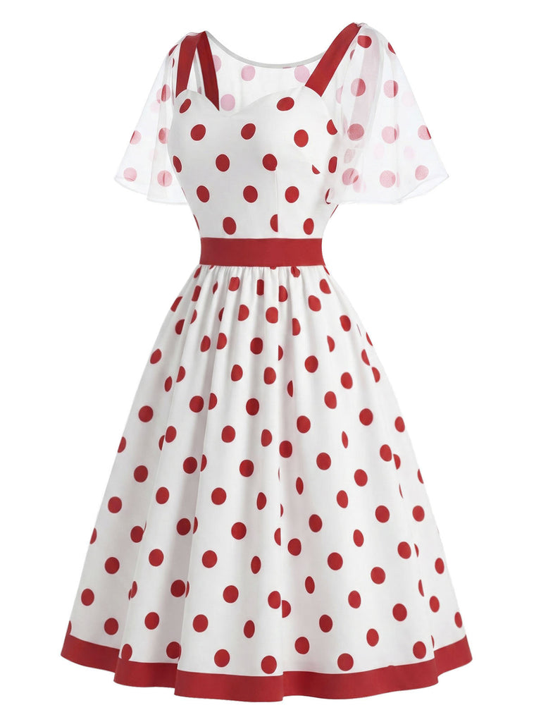 [Prevendita] Abito Red Bianco Anni '50 a Pois con Detachable in Rete Cape 3