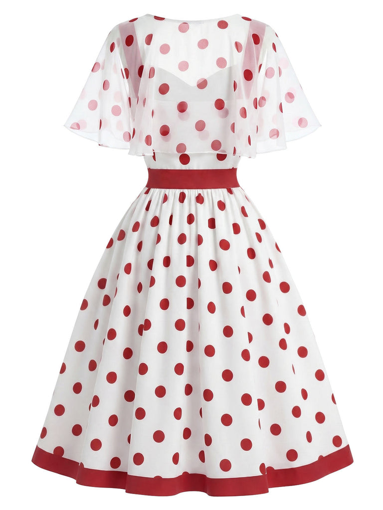 [Prevendita] Abito Red Bianco Anni '50 a Pois con Detachable in Rete Cape 4