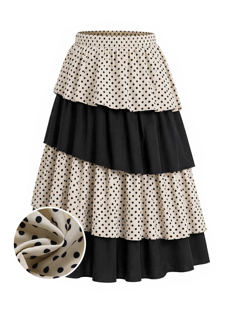 [Prevendita] Gonna Apricot e Nero Anni '30 a Pois Colorblock a Balze Cake