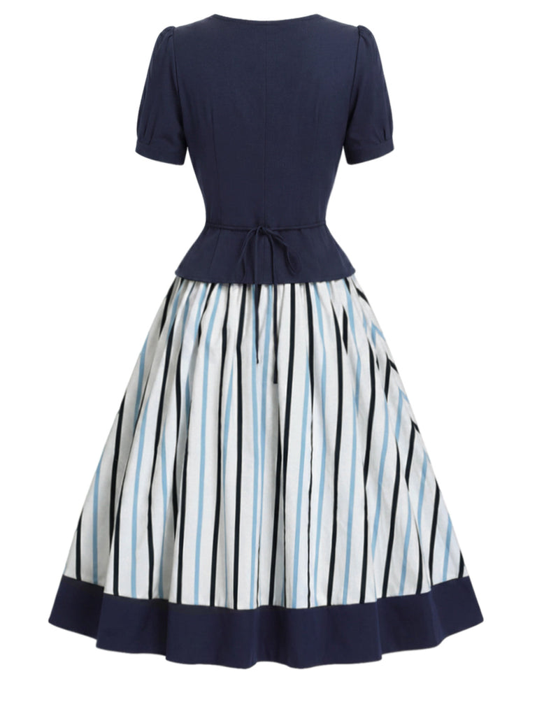 [Prevendita] 2PCS Gonna Deep Blue Anni '50 Fitted con Revers Blouse e Vertical a Righe 4