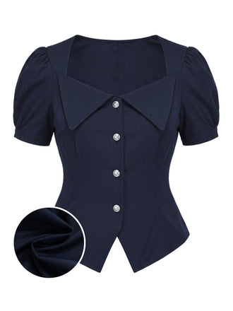 [Prevendita] Camicetta Deep Blue Anni '50 Puff Short Manica Fitted con Revers