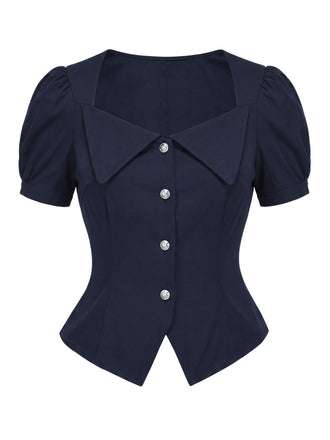 [Prevendita] Camicetta Deep Blue Anni '50 Puff Short Manica Fitted con Revers 2