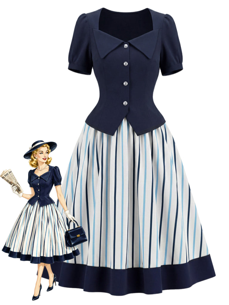 [Prevendita] 2PCS Gonna Deep Blue Anni '50 Fitted con Revers Blouse e Vertical a Righe