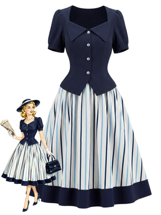 [Prevendita] 2PCS Gonna Deep Blue Anni '50 Fitted con Revers Blouse e Vertical a Righe